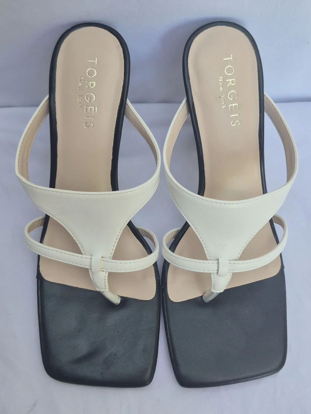 TORGEIS Two Tone Black White Square Toe Thong Heeled Mule Sandals Size 6.5M